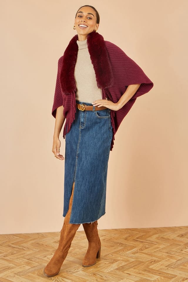 Yumi Curve Yumi Curve Women's Burgundy Fur Collar Shrug With Tassel Hem - 3