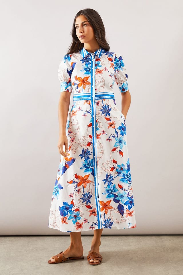 Wallis Wallis Women's Floral Print Button Midi Shirt Dress in Light Blue - 2