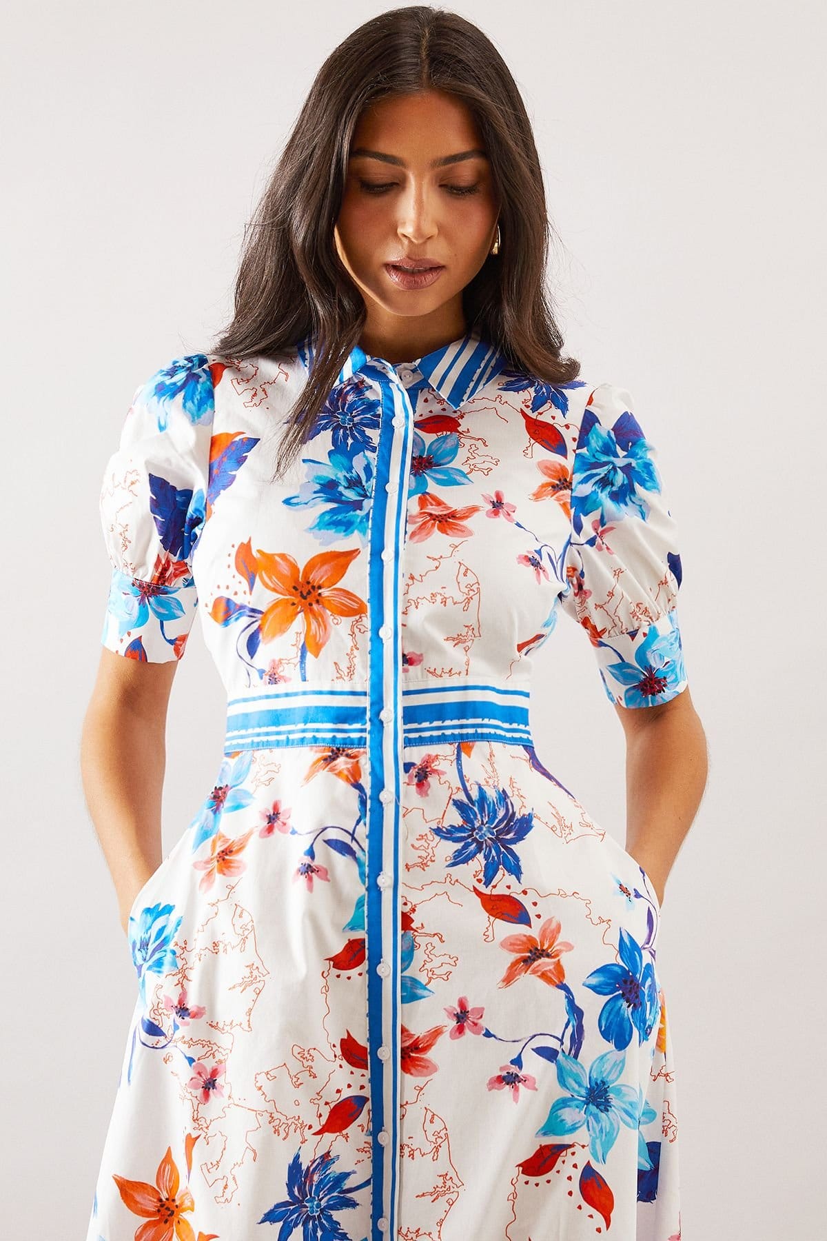 Wallis Wallis Women's Floral Print Button Midi Shirt Dress in Light Blue - 4