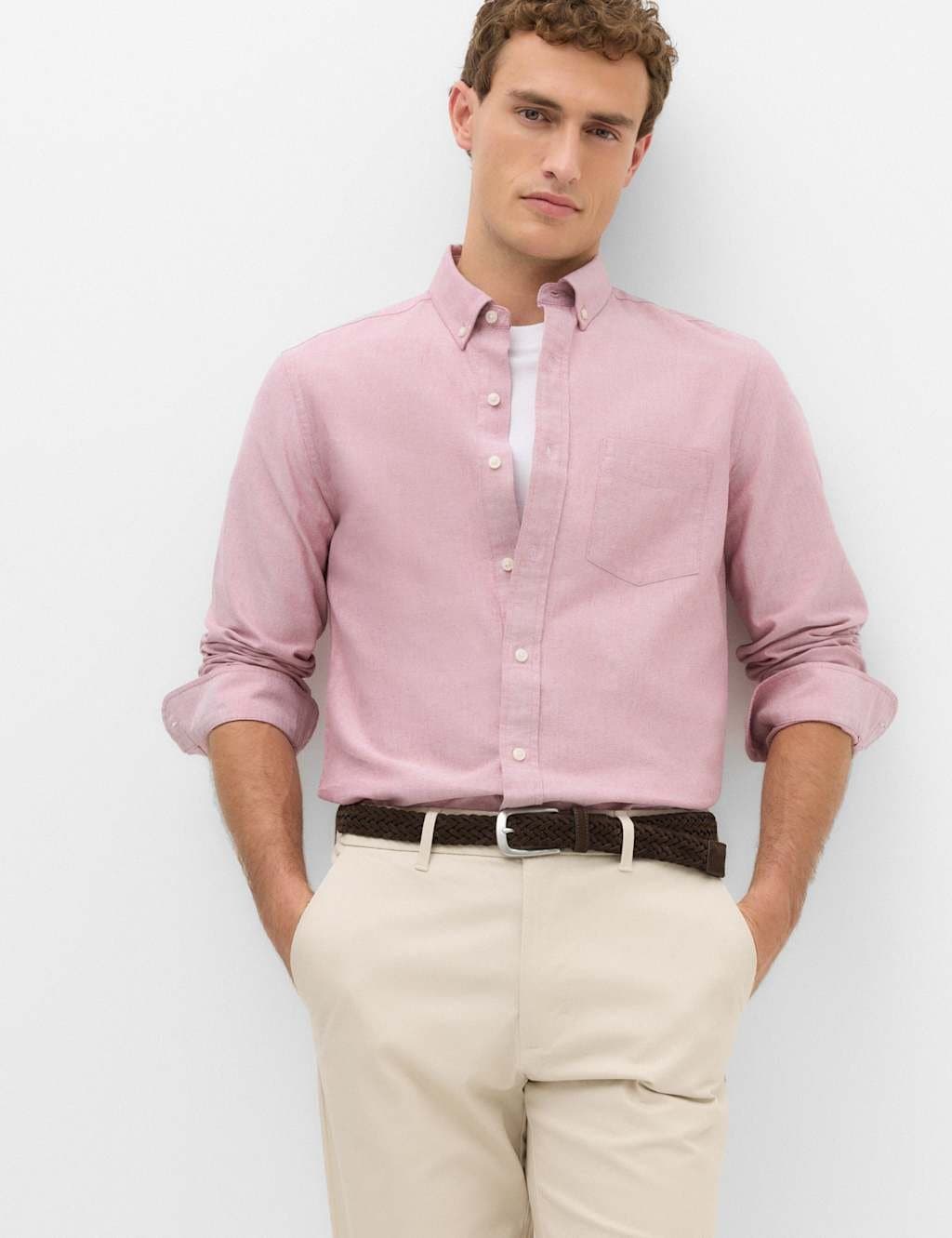 Marks & Spencer M&S Pure Cotton Ultimate Oxford Shirt Red Mix