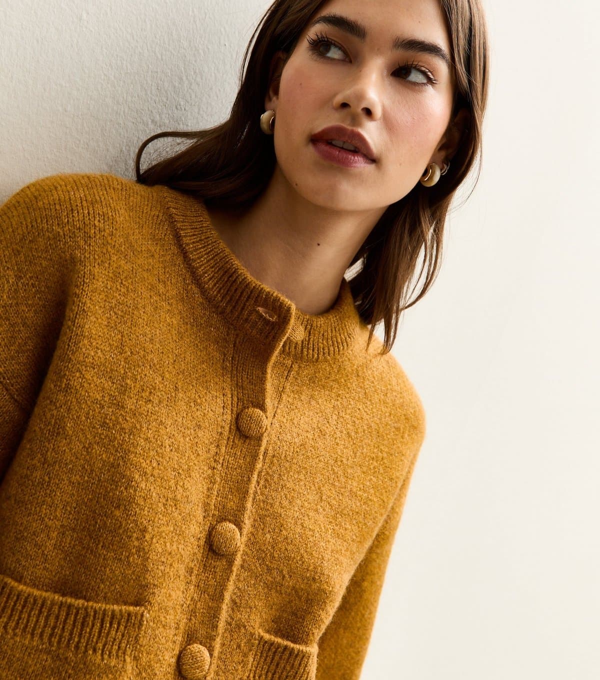 New Look Women's Dark Yellow Crew Neck Knitted Cardigan New Look