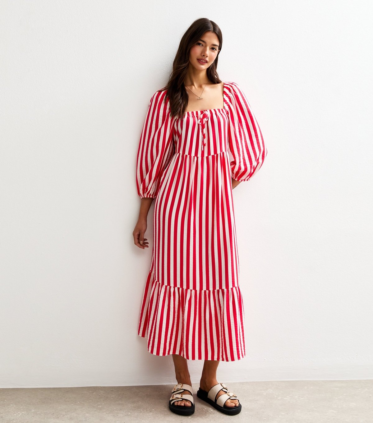 New Look Women's Red Stripe Print Tiered Hem Midi Dress New Look - 3