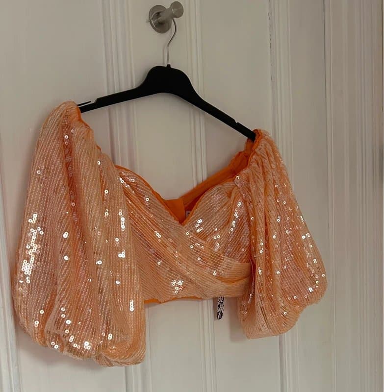 ASOS Asos edition off shoulder Bardot crop top apricot peach orange sequin embellished 6