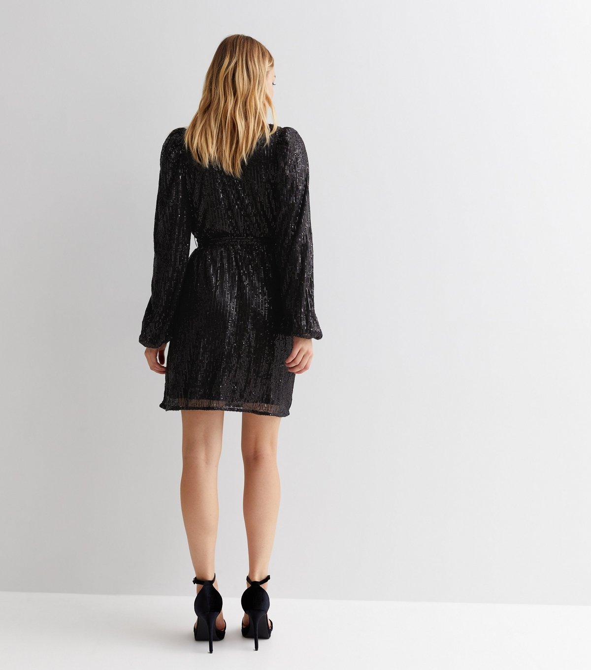 Gini London Women's Black Sequin V Neck Long Sleeve Belted Mini Wrap Dress Gini London New Look - 4