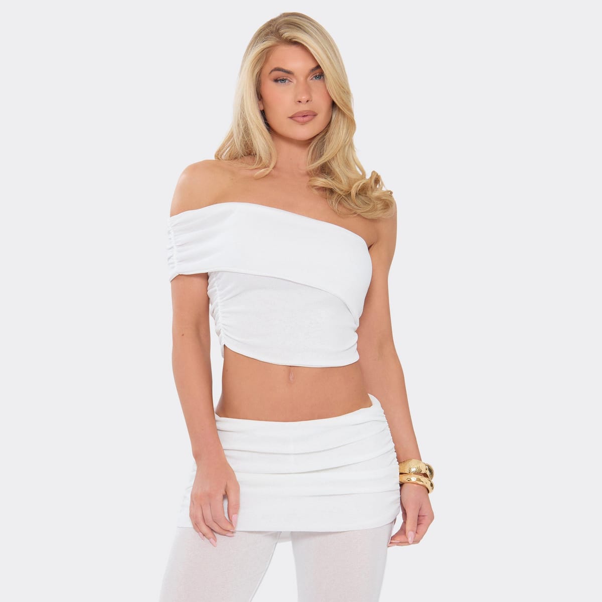 EGO Off The Shoulder Ruched Top In White, Women's Size UK 6 - 1