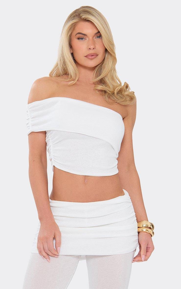 EGO Off The Shoulder Ruched Top In White, Women's Size UK 6 - 2
