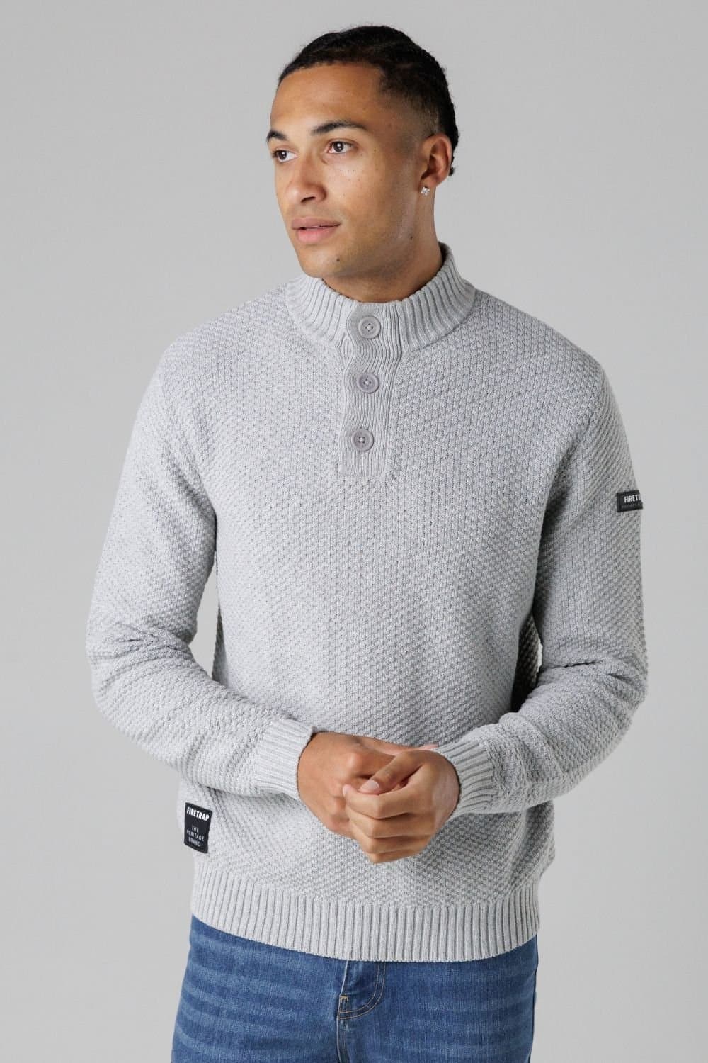 Firetrap Firetrap Men's Cotton Rich Waffle Knit Funnel Neck Jumper with Buttons in Light Grey