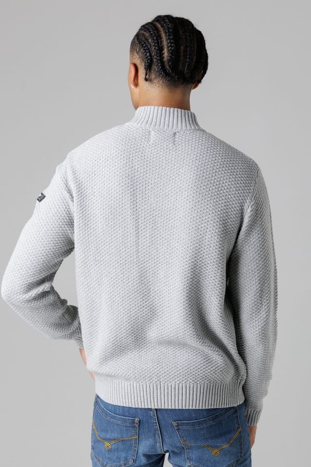 Firetrap Firetrap Men's Cotton Rich Waffle Knit Funnel Neck Jumper with Buttons in Light Grey - 2