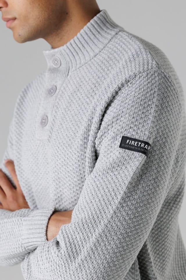 Firetrap Firetrap Men's Cotton Rich Waffle Knit Funnel Neck Jumper with Buttons in Light Grey - 3