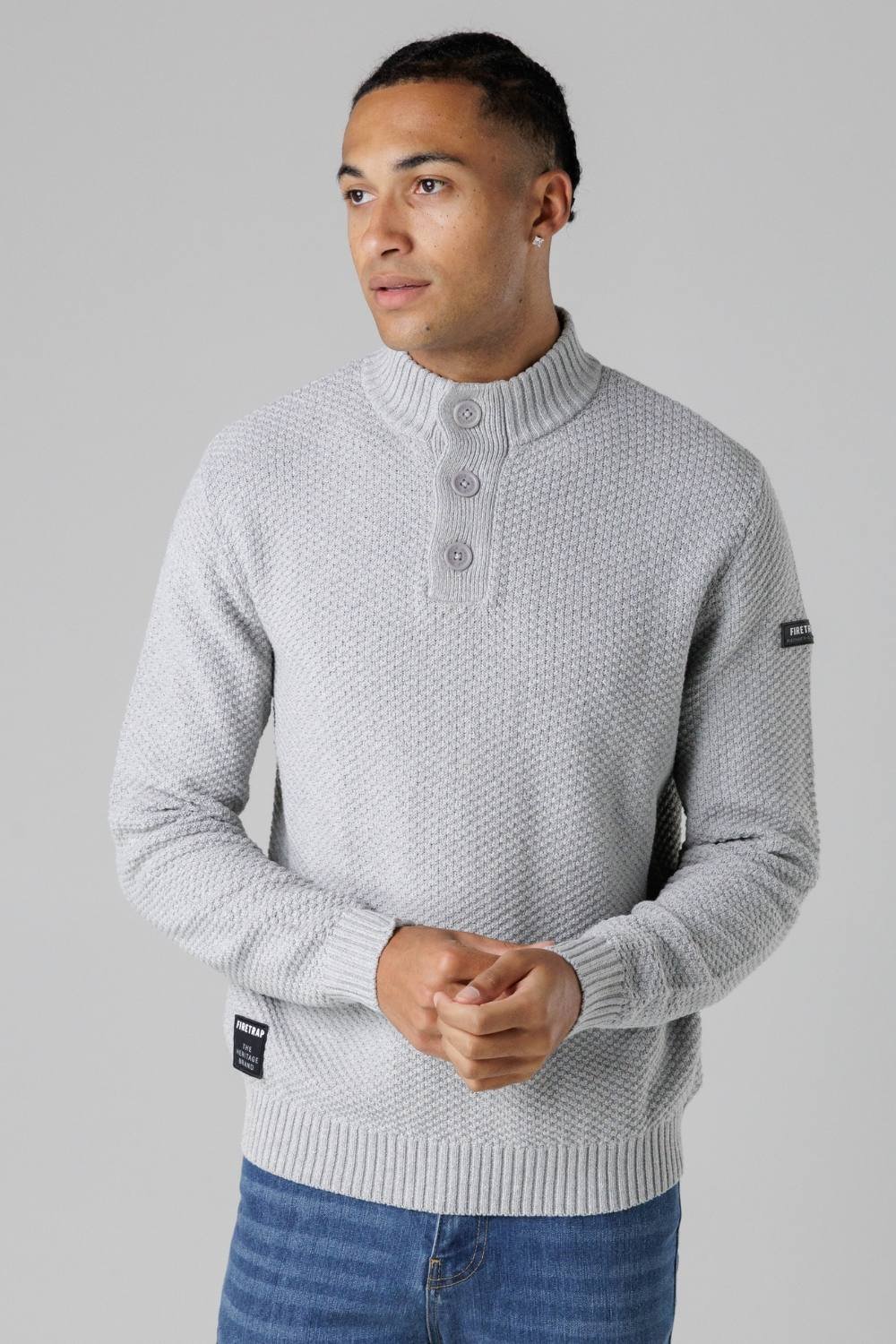 Firetrap Firetrap Men's Cotton Rich Waffle Knit Funnel Neck Jumper with Buttons in Light Grey - 4