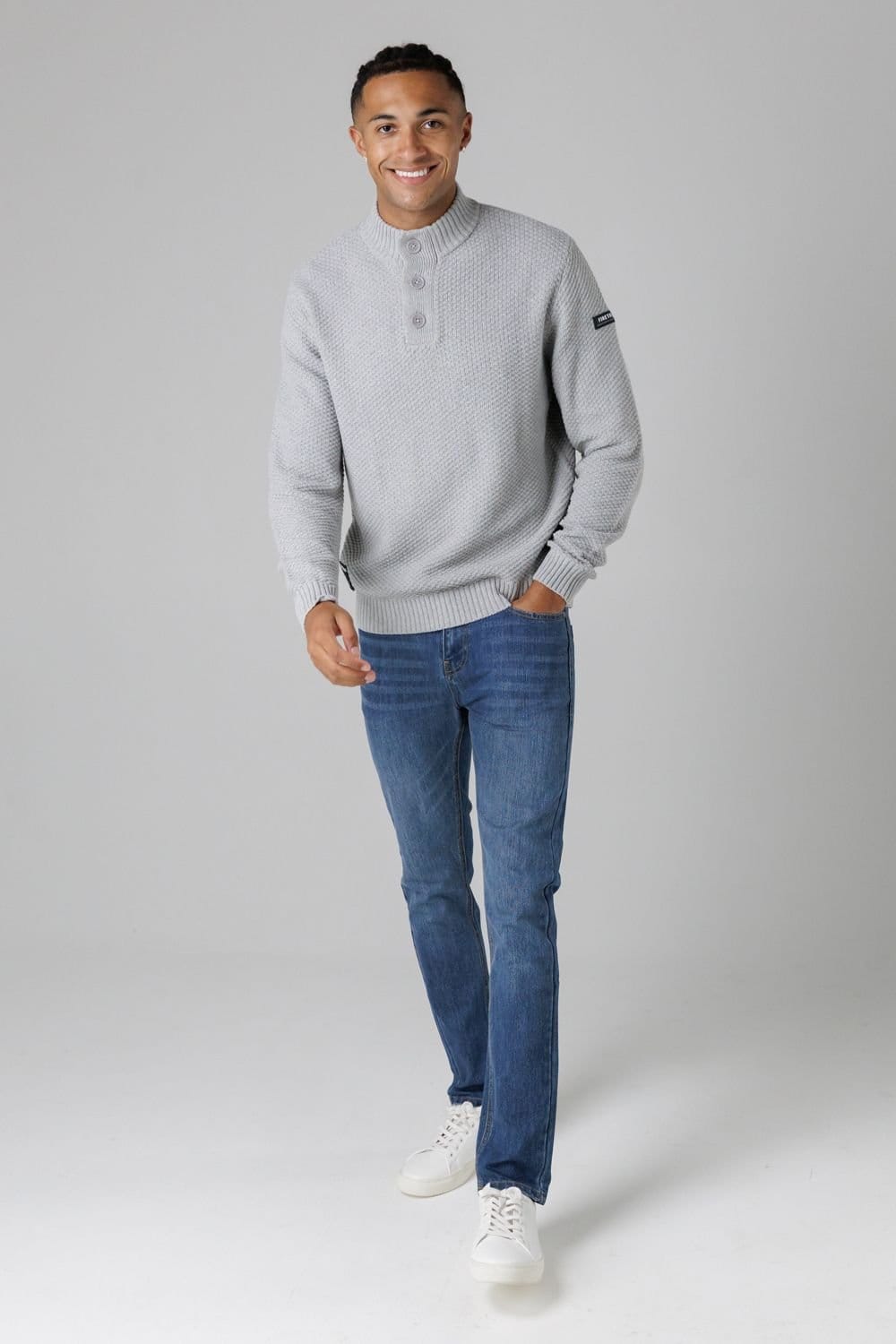 Firetrap Firetrap Men's Cotton Rich Waffle Knit Funnel Neck Jumper with Buttons in Light Grey - 4