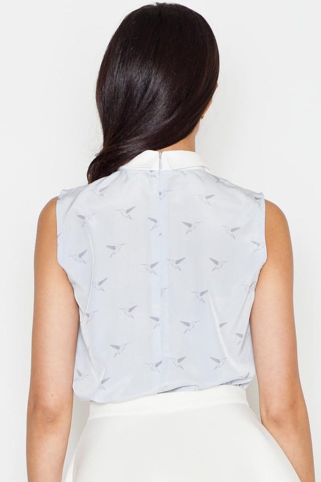Love Lace Love Lace Women's Elegant Bird Print Sleeveless Blouse with Collar in Blue - 3