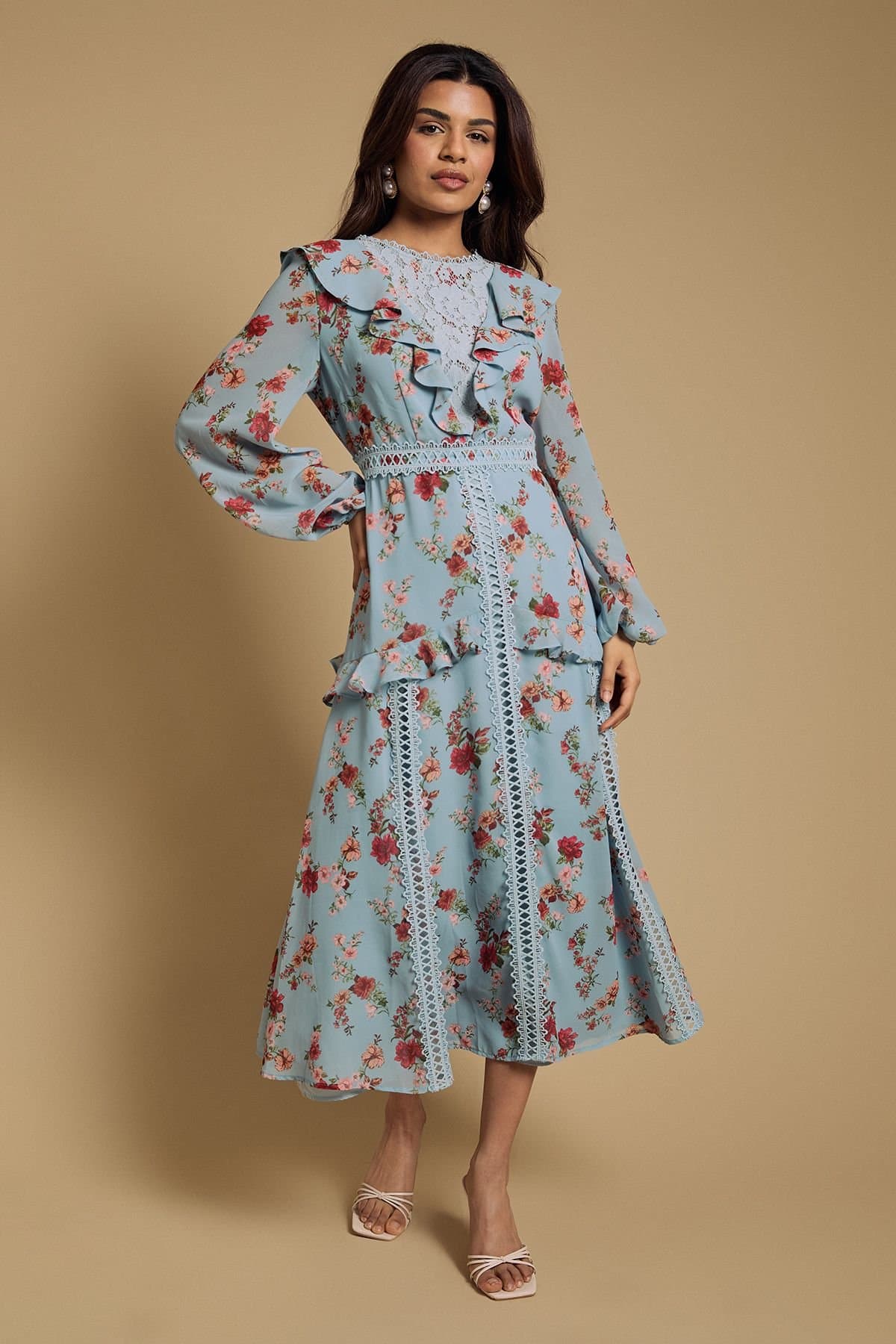 Oasis Oasis Women's Petite Chiffon Printed Lace Trim Detail Ruffle Midi Dress in Blue