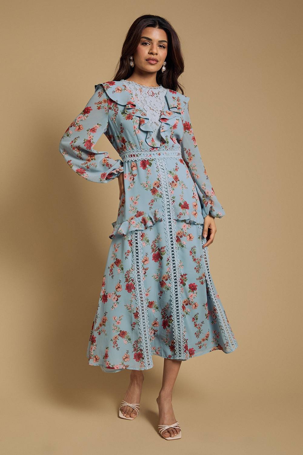 Oasis Oasis Women's Petite Chiffon Printed Lace Trim Detail Ruffle Midi Dress in Blue - 2