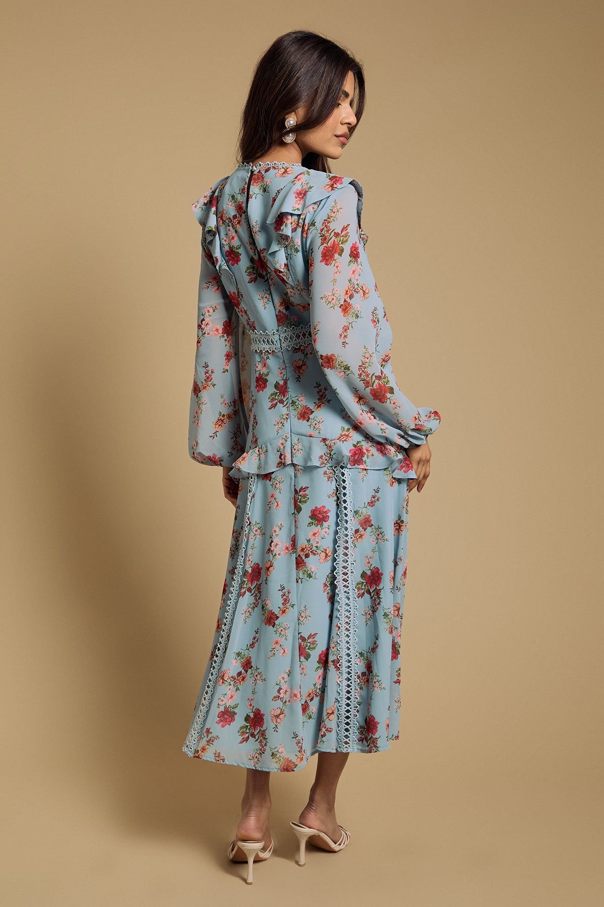 Oasis Oasis Women's Petite Chiffon Printed Lace Trim Detail Ruffle Midi Dress in Blue - 3