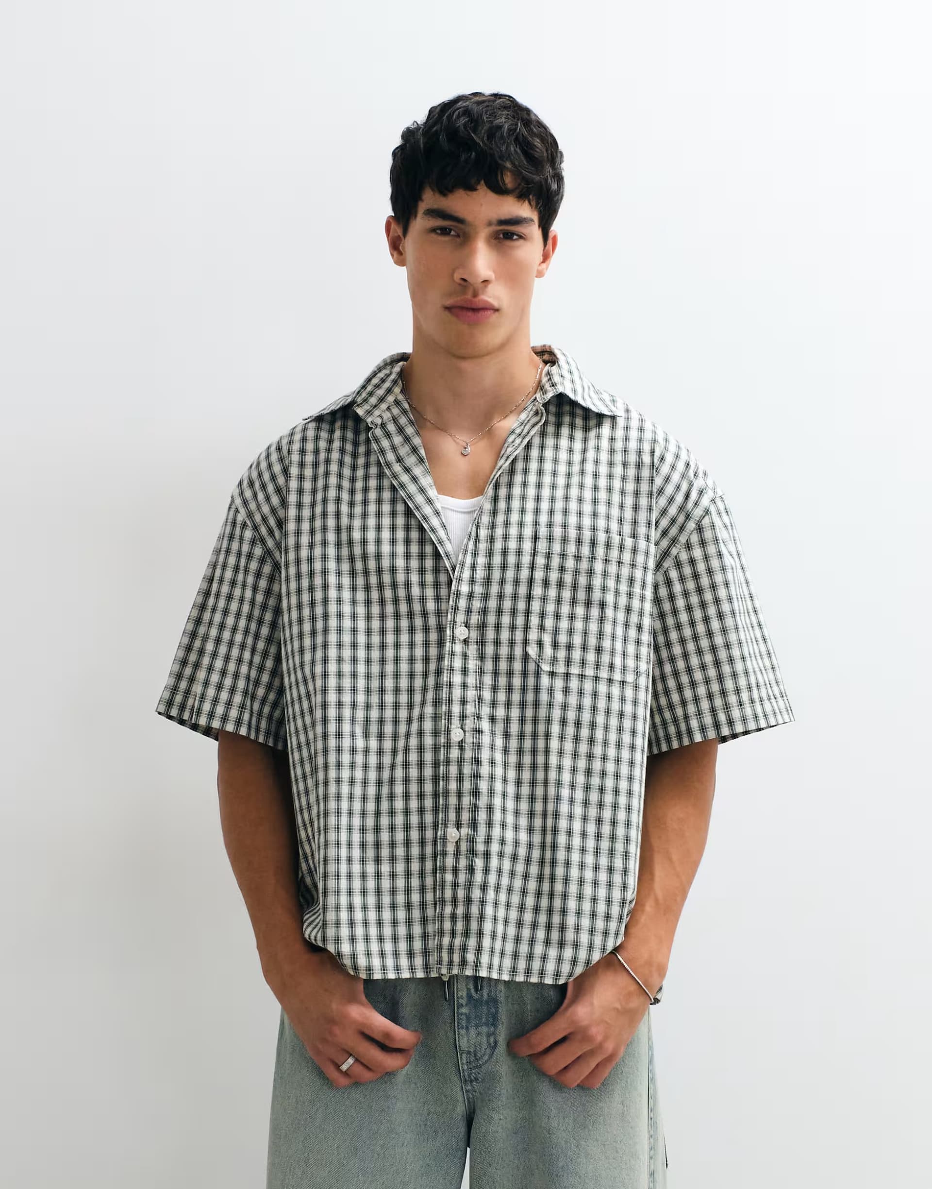ASOS Jack & Jones short sleeve boxy shirt in green micro check