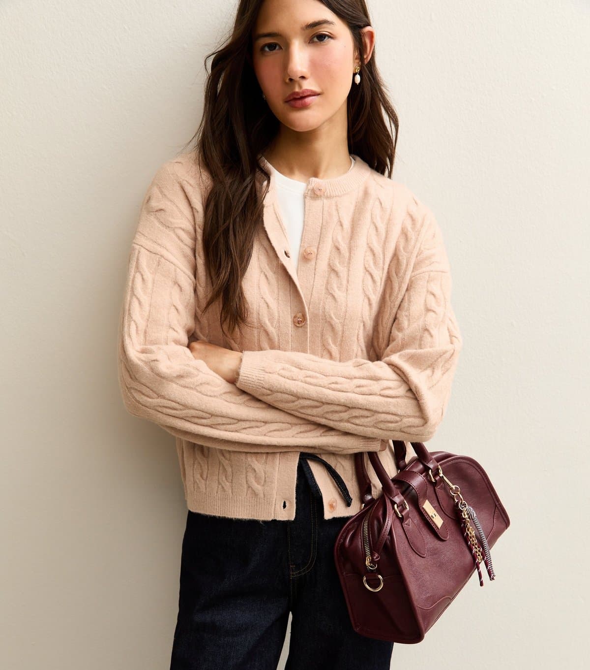 New Look Women's Light Pink Cable Knit Cardigan New Look