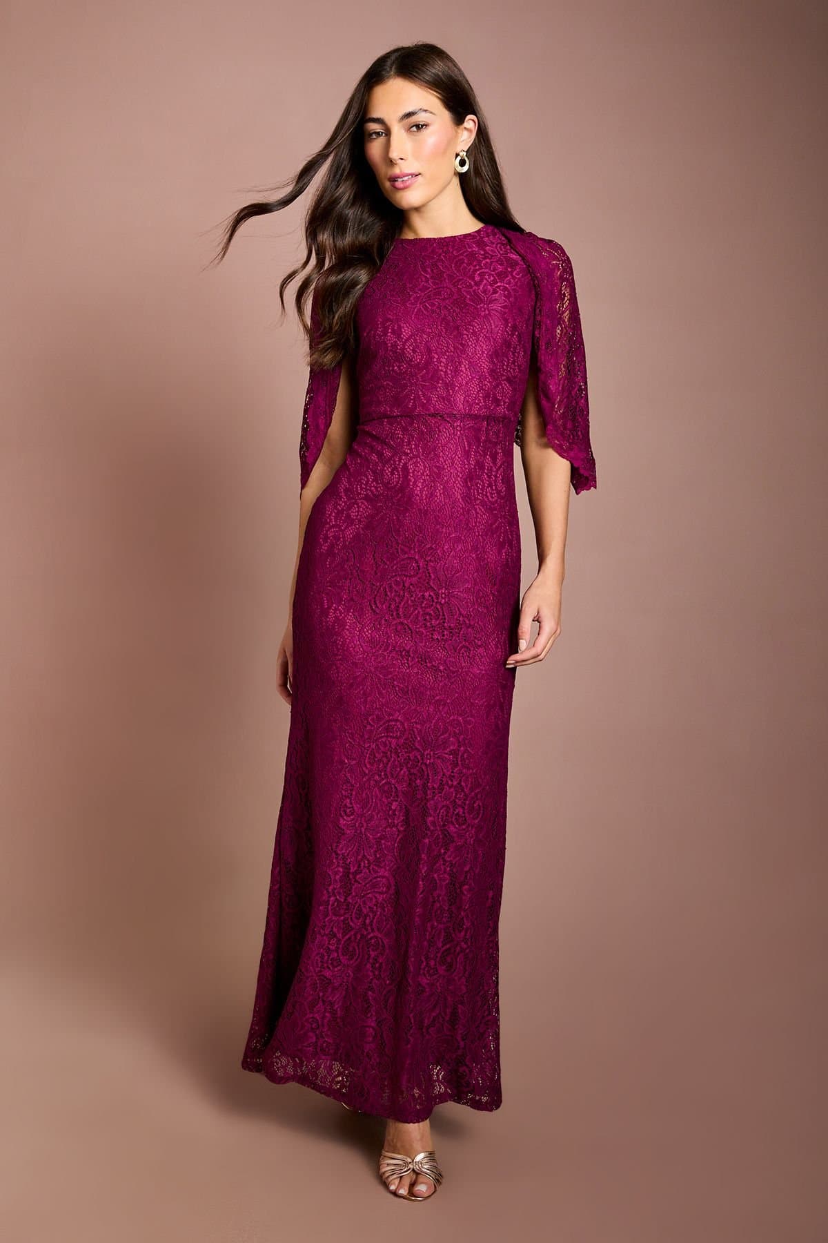Coast Coast Women's Lace Cape Sleeve Maxi Dress in Burgundy