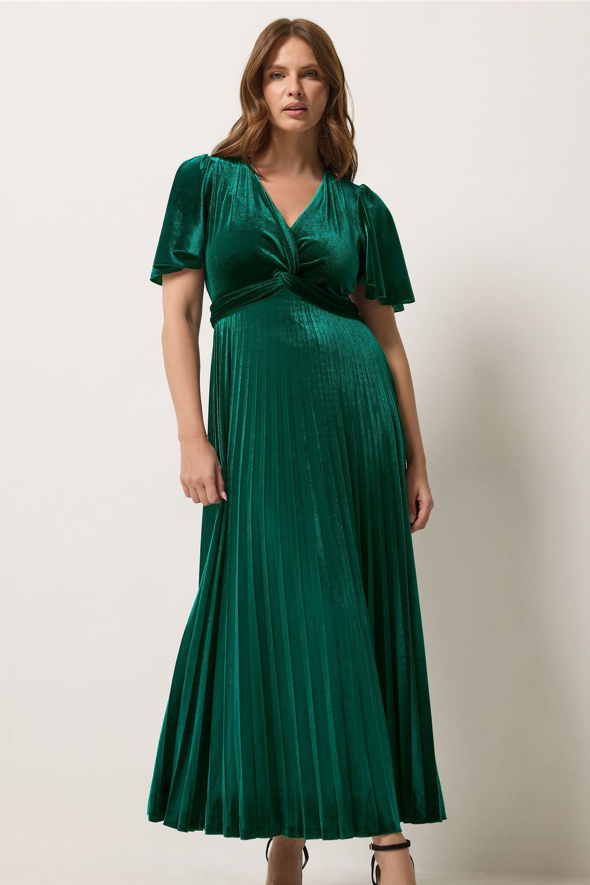 M&Co M&Co Women's Velvet Twist Front Pleated Maxi Dress in Green
