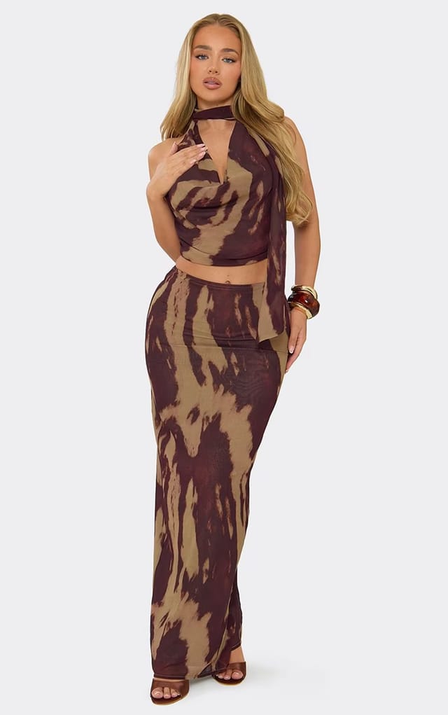 EGO Cowl Neck Top With Scarf In Brown Abstract Print, Women's Size UK 6 - 2