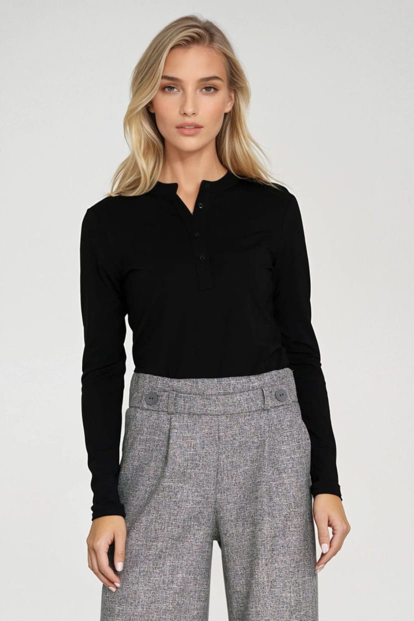 Love Lace Love Lace Women's Elastic Polo Neck Fitted Button Blouse in Black - 1