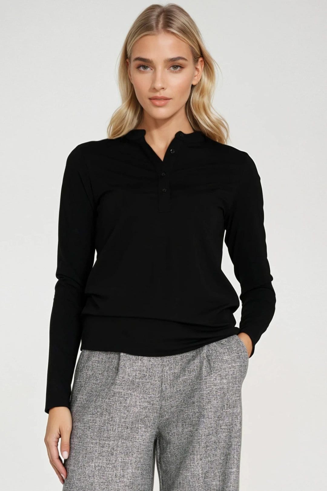 Love Lace Love Lace Women's Elastic Polo Neck Fitted Button Blouse in Black - 4