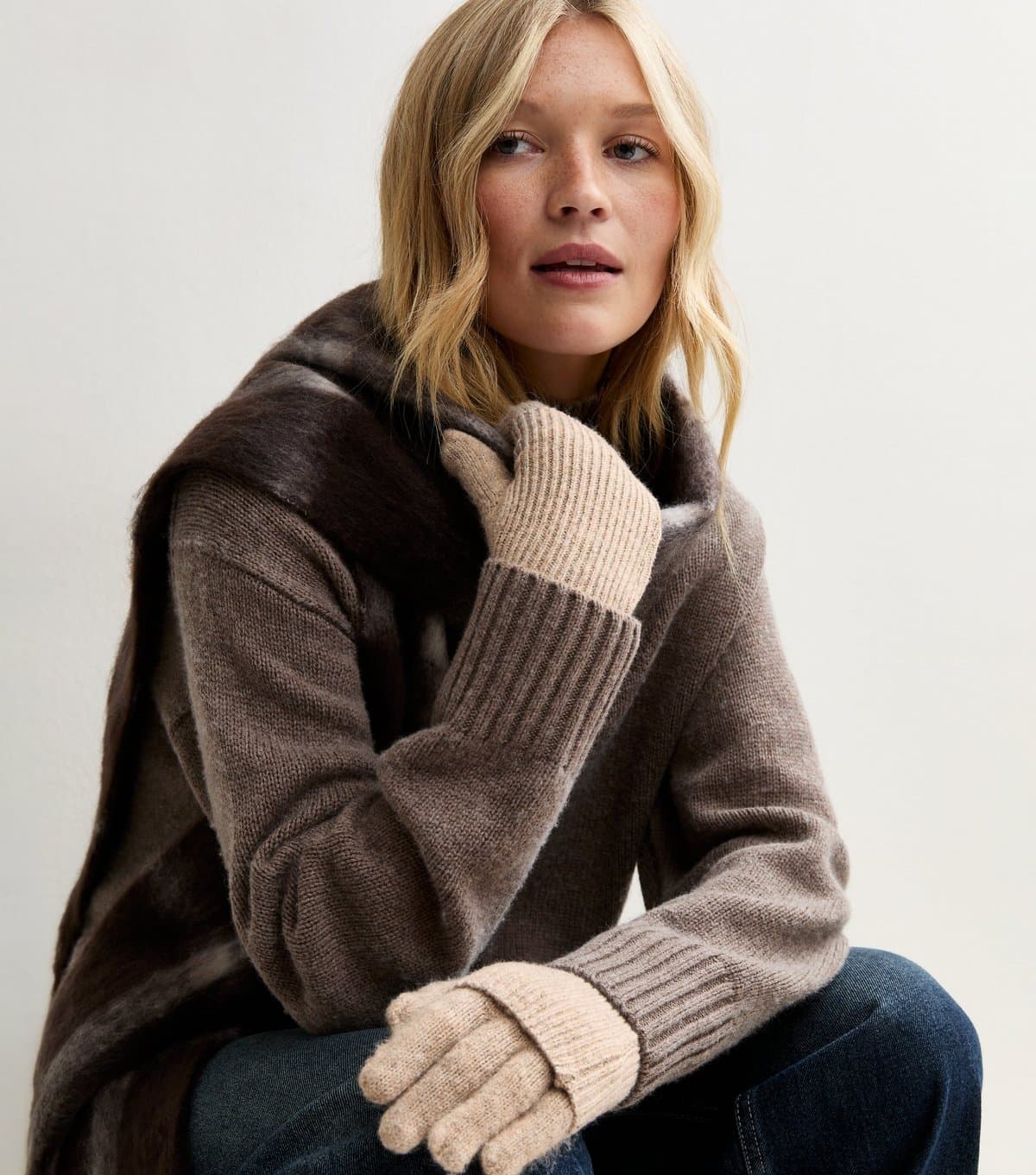 New Look Oatmeal Ribbed Hand Warmer Gloves New Look