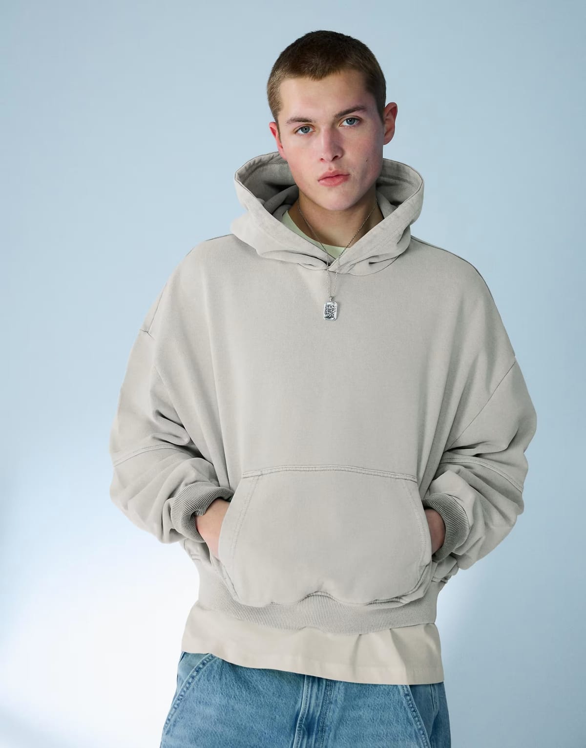 ASOS Bershka Boxy washed hood sweatshirt in light grey - 1