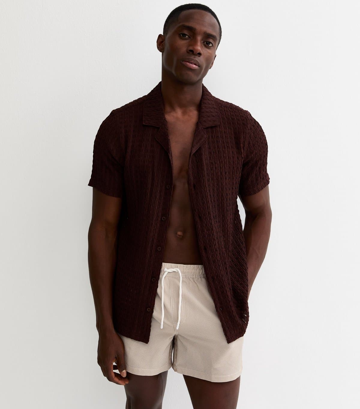 New Look Men's Brown Striped Seersucker Drawstring Swim Shorts New Look