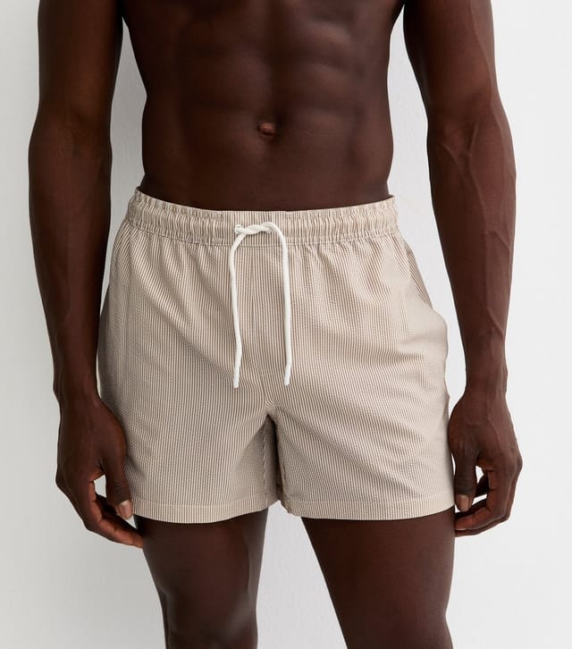 New Look Men's Brown Striped Seersucker Drawstring Swim Shorts New Look - 2