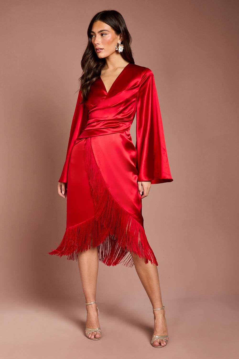 Coast Coast Women's Satin Fringe Hem Wrap Waist Midi Dress in Red - 2