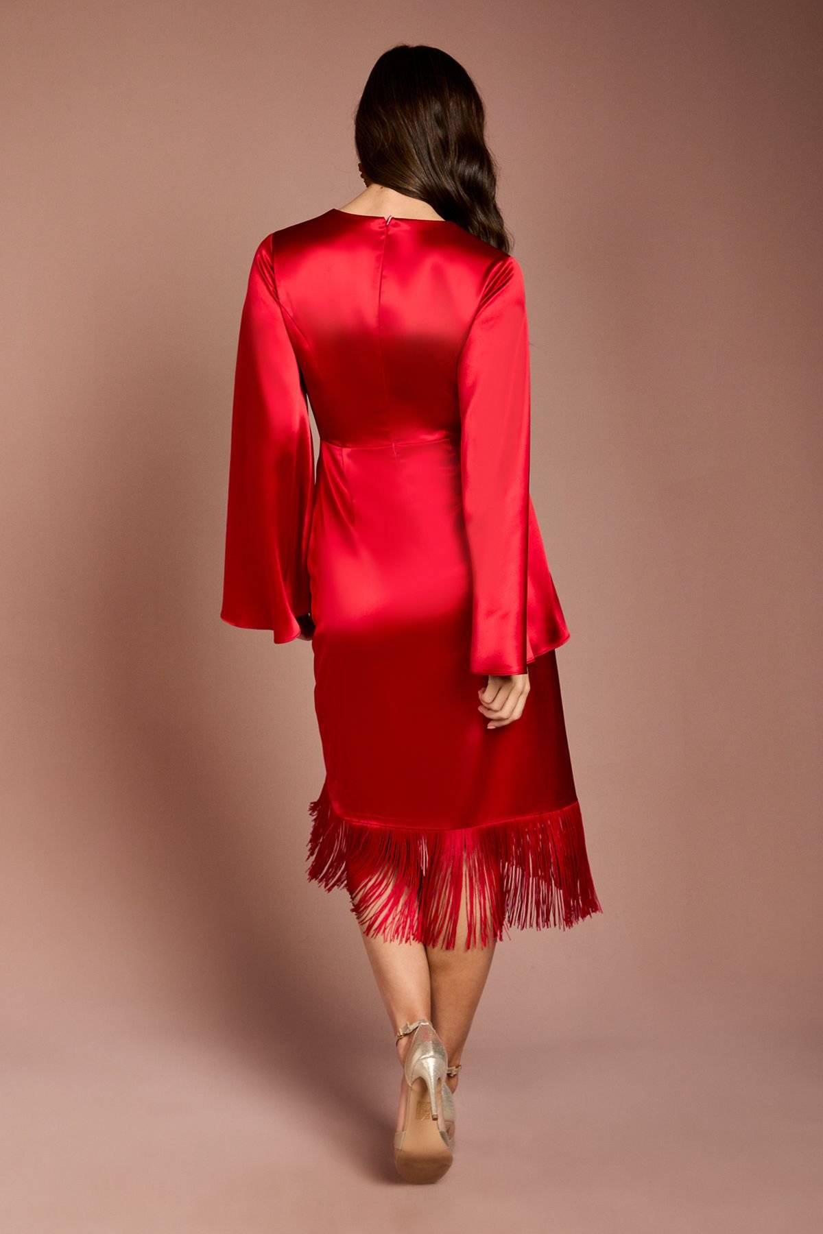 Coast Coast Women's Satin Fringe Hem Wrap Waist Midi Dress in Red - 3