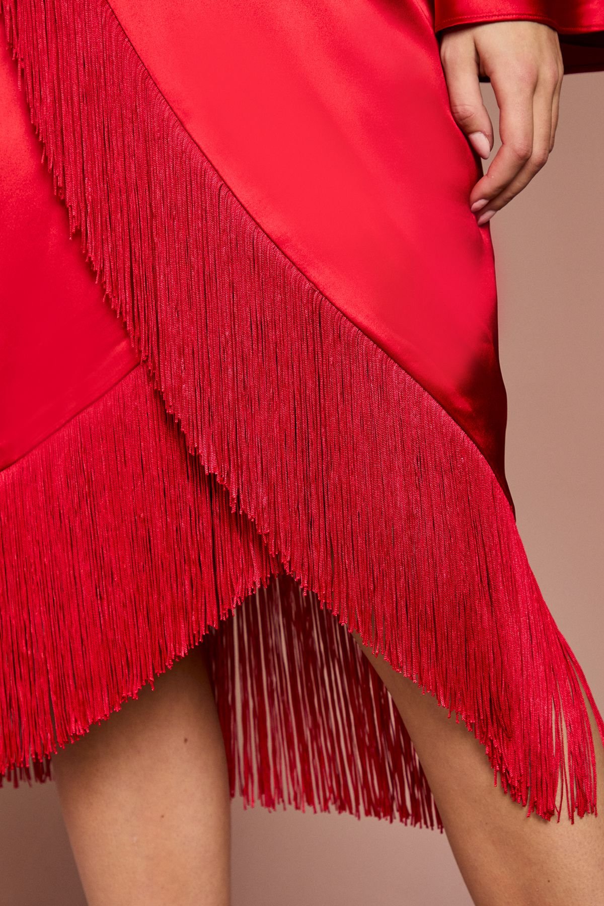 Coast Coast Women's Satin Fringe Hem Wrap Waist Midi Dress in Red - 4