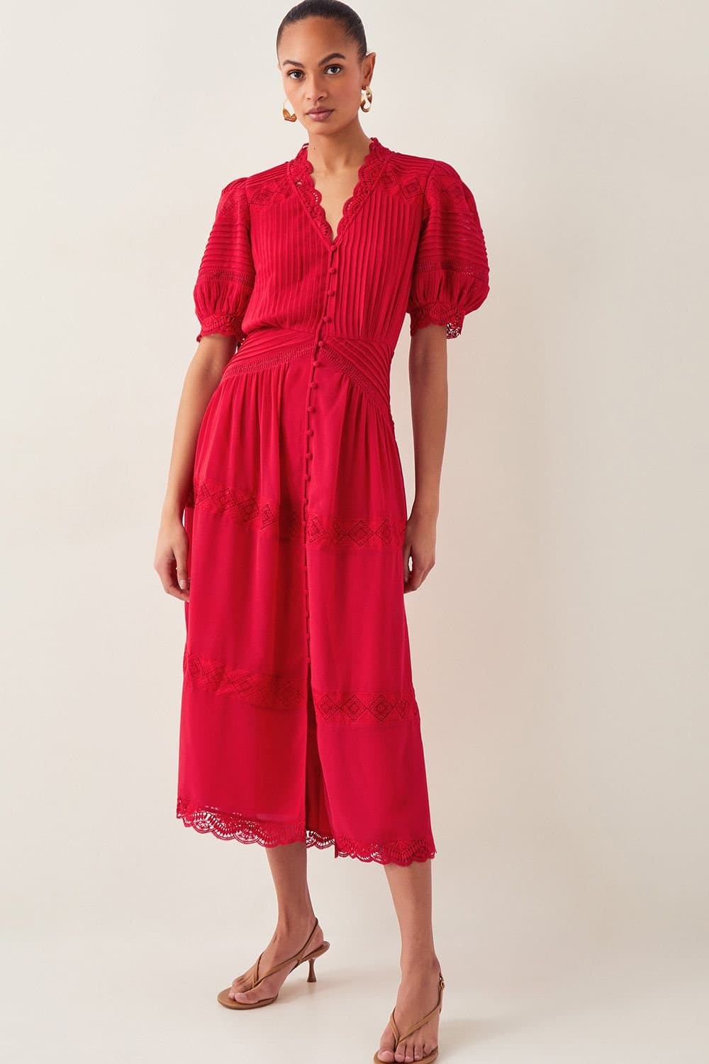 Monsoon Monsoon Women's Kiana Pintuck Puff-Sleeve Midi Dress Red