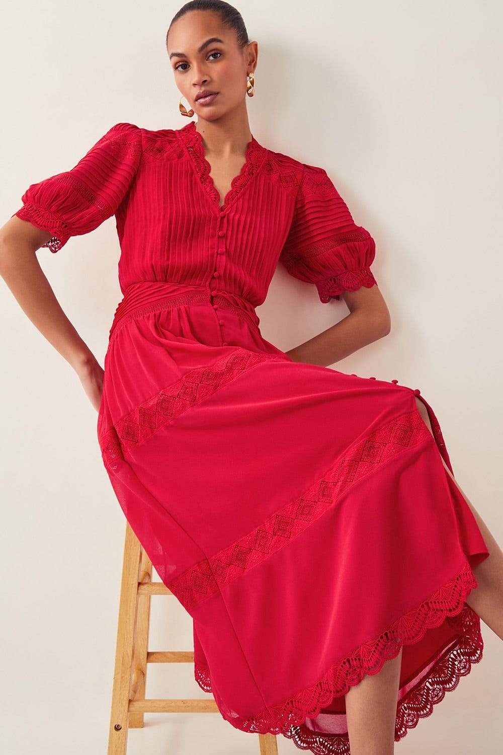 Monsoon Monsoon Women's Kiana Pintuck Puff-Sleeve Midi Dress Red - 4