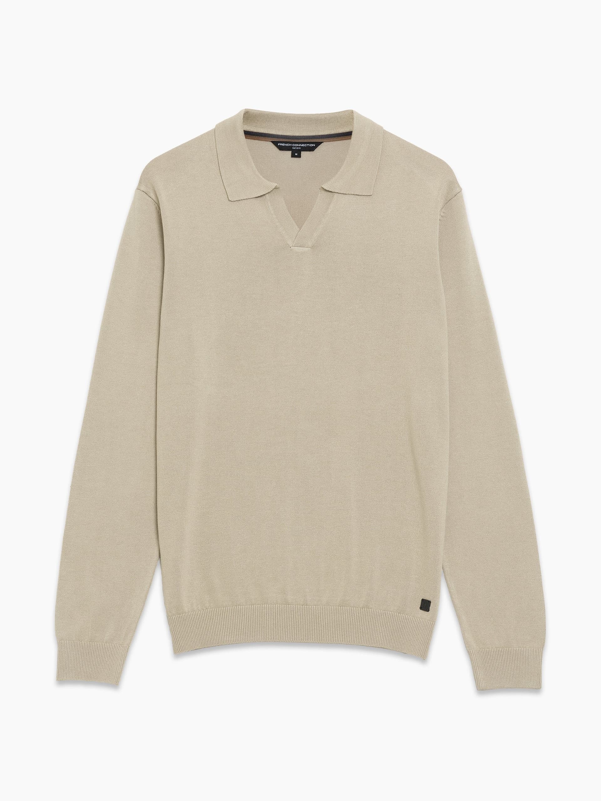French Connection Open Collar Long Sleeve Stone Knit Top Sand