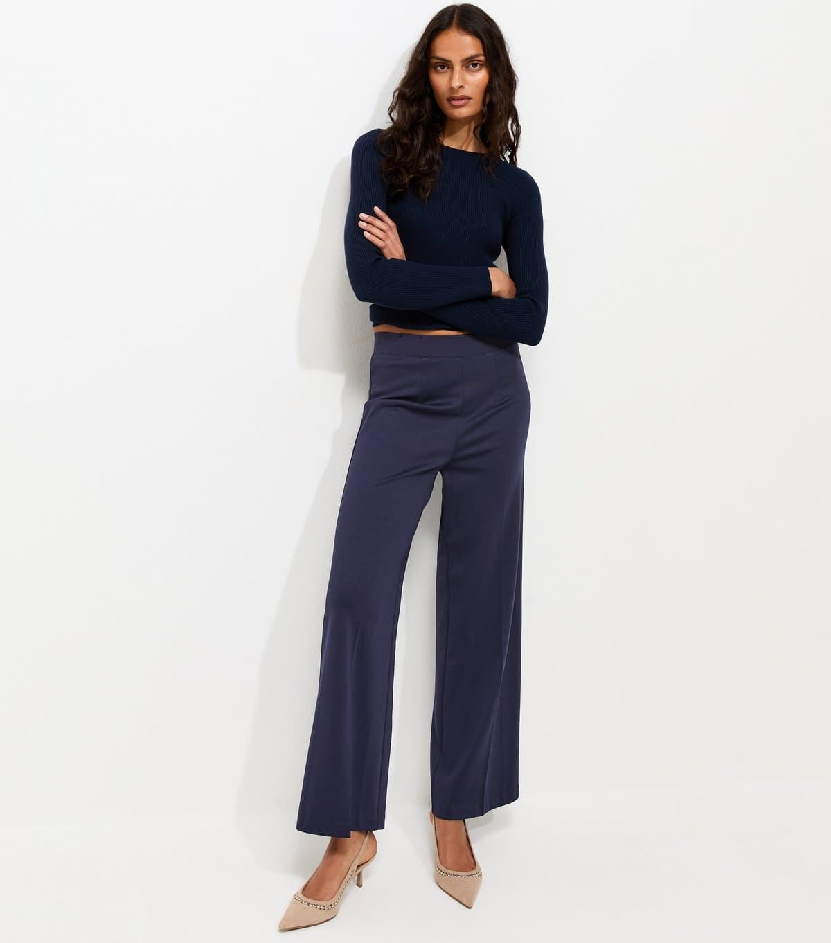 New Look Women's Navy Jersey Wide Leg Trousers New Look