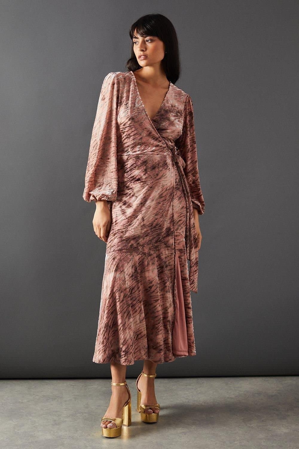 Warehouse Warehouse Women's Zebra Velvet Wrap Asymmetric Tier Midi Dress in Mauve