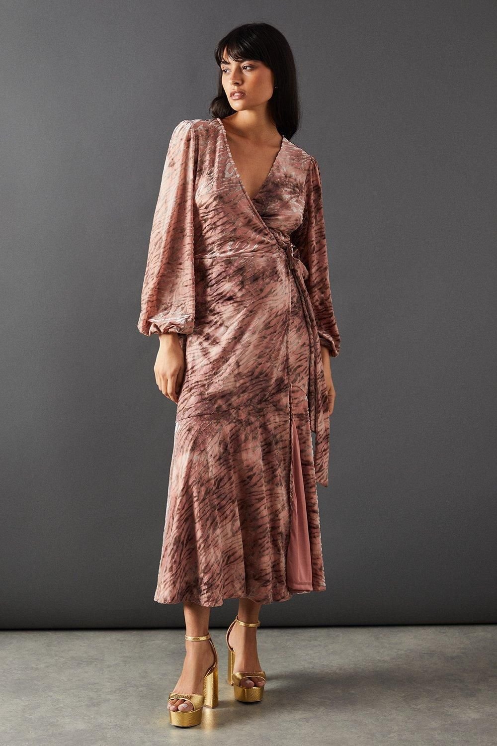 Warehouse Warehouse Women's Zebra Velvet Wrap Asymmetric Tier Midi Dress in Mauve - 2
