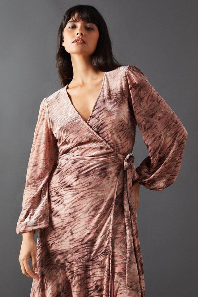 Warehouse Warehouse Women's Zebra Velvet Wrap Asymmetric Tier Midi Dress in Mauve - 2