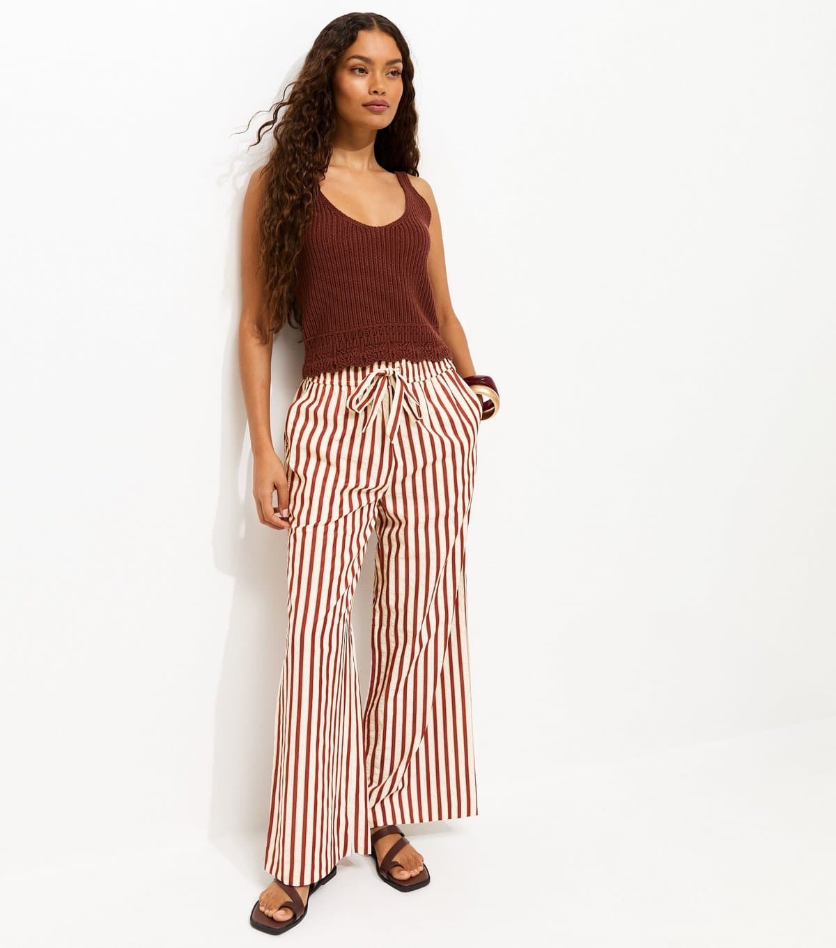 New Look Women's Petite Red Striped Drawstring Wide Leg Trousers New Look