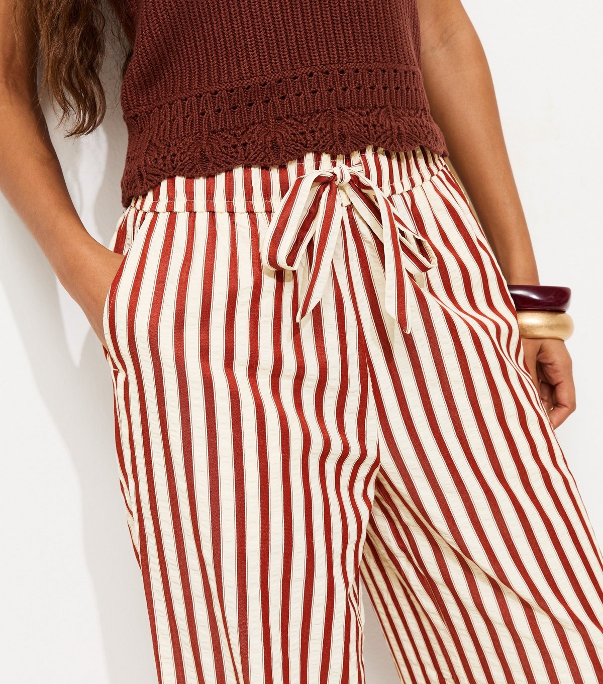 New Look Women's Petite Red Striped Drawstring Wide Leg Trousers New Look - 2