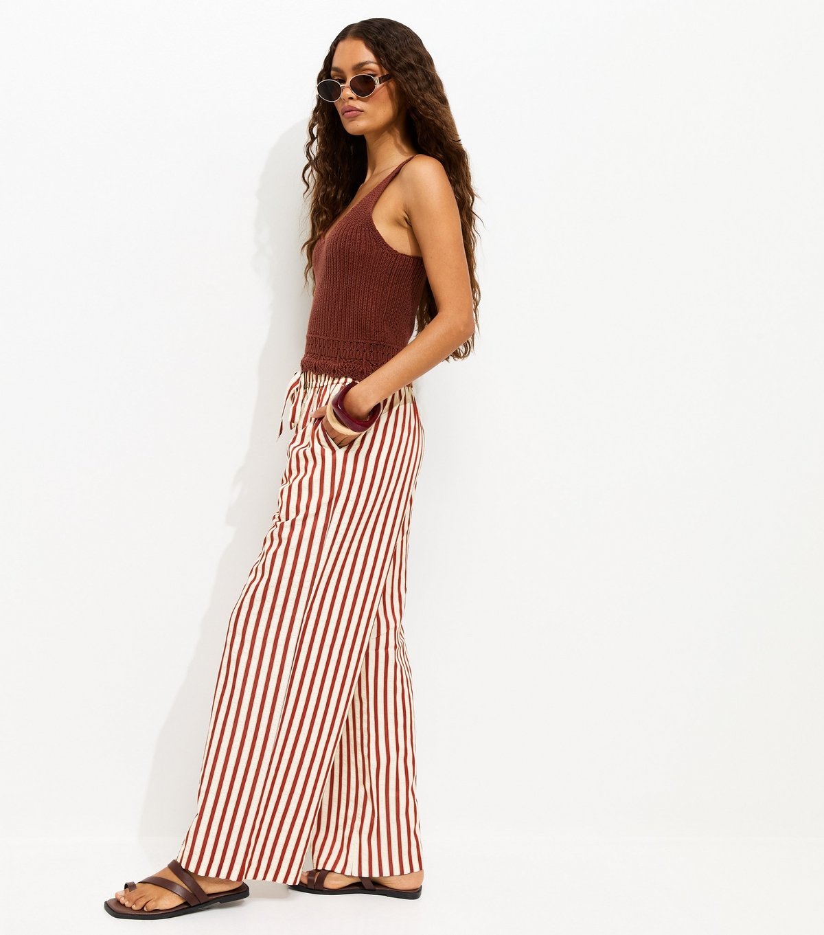 New Look Women's Petite Red Striped Drawstring Wide Leg Trousers New Look - 3