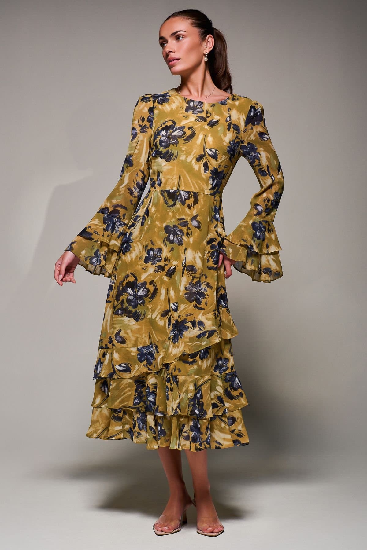 Jolie Moi Jolie Moi Women's Long Sleeve Frill Chiffon Midaxi Dress in Mustard