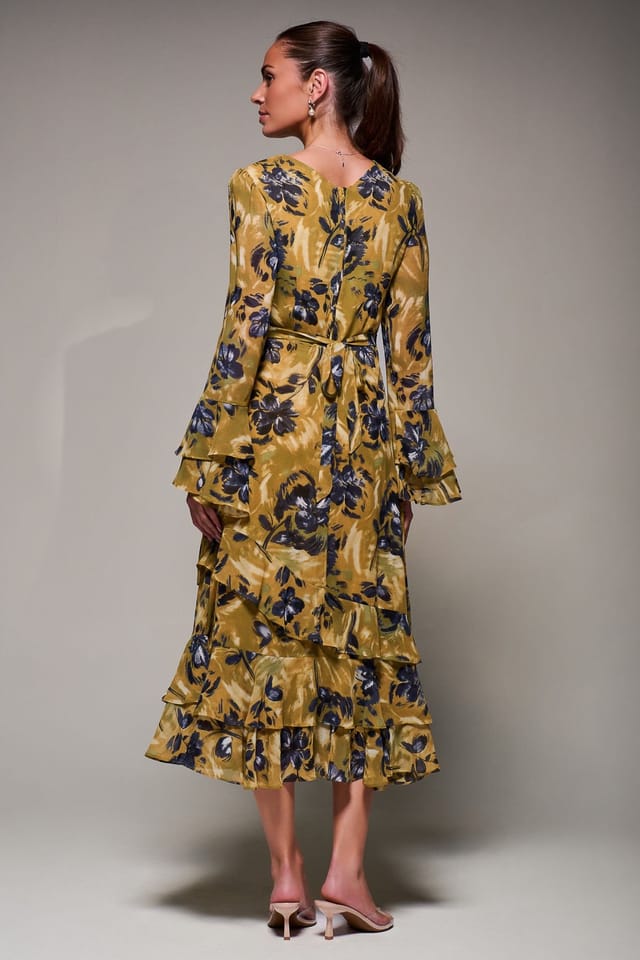 Jolie Moi Jolie Moi Women's Long Sleeve Frill Chiffon Midaxi Dress in Mustard - 2