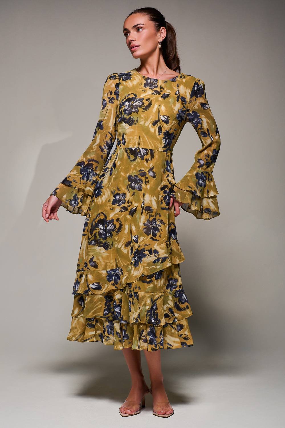 Jolie Moi Jolie Moi Women's Long Sleeve Frill Chiffon Midaxi Dress in Mustard - 3