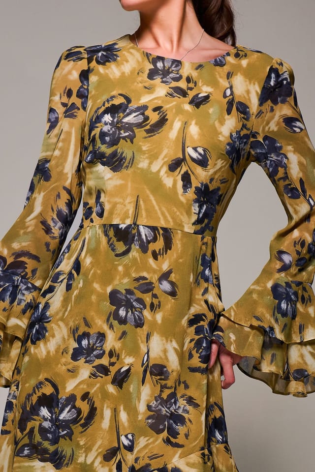 Jolie Moi Jolie Moi Women's Long Sleeve Frill Chiffon Midaxi Dress in Mustard - 3