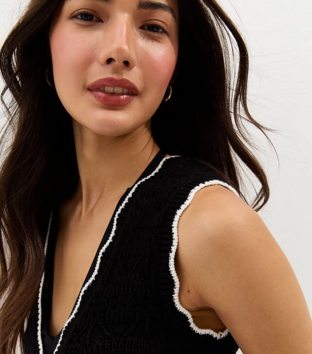 New Look Women's Black Cotton Rich Contrast Stitchy Knit Tie Waistcoat New Look - 3