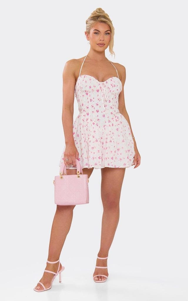 EGO Halterneck Tie Front Corset Playsuit In Pink Ditsy Floral Print, Women's Size UK 6 - 2