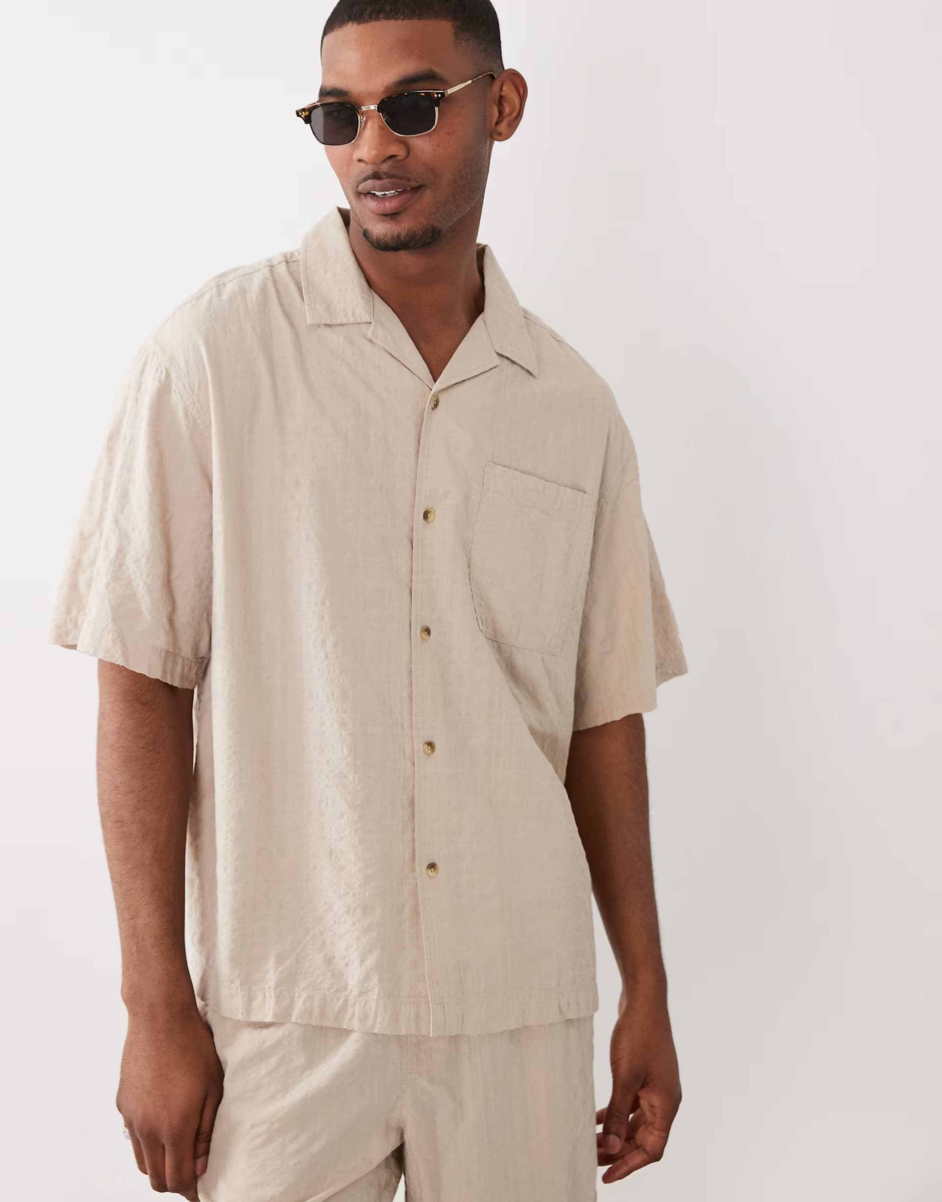 ASOS ASOS DESIGN co-ord oversized revere seersucker shirt in beige
